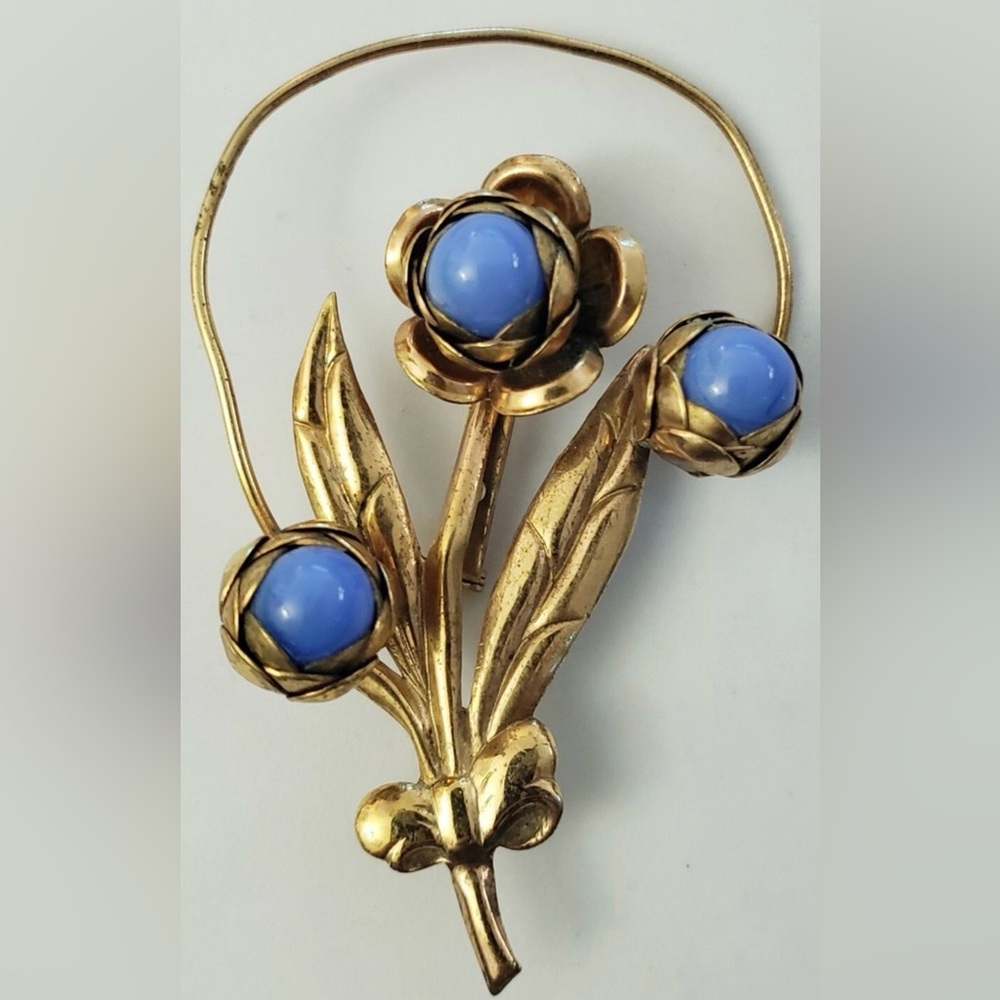 RARE Vintage Floral Flower Blue Glass & Gold Tone Brooch Pin, 3 1/2" × 2 1/4"